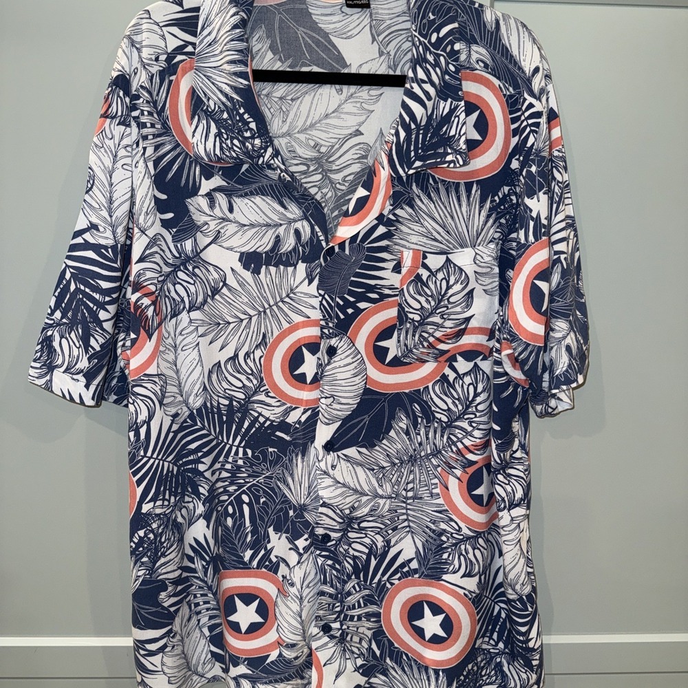 Marvel Captain America Palm Leaves Short Sleeve Camp Button Up Shirt XXL Rayon